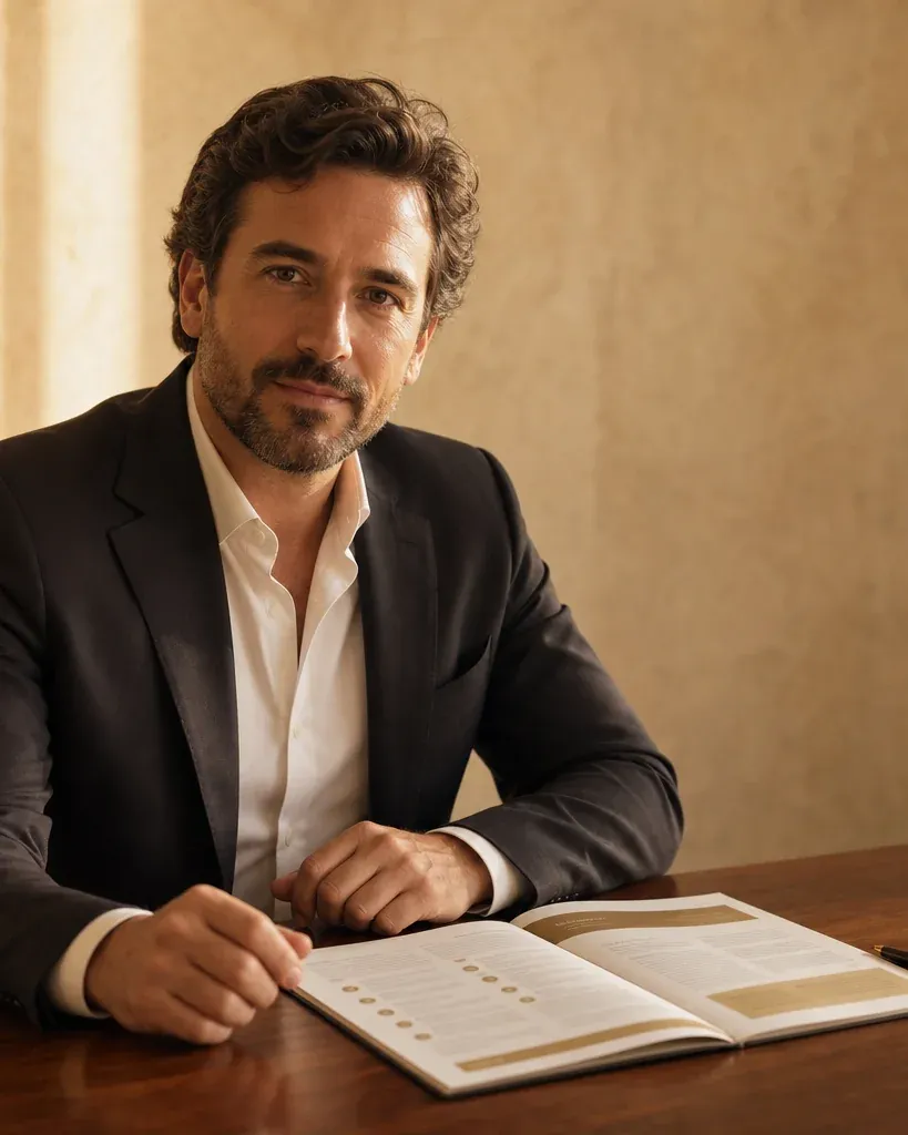 Advogado sentado à mesa do escritório, com um contrato em Visual Law aberto à sua frente