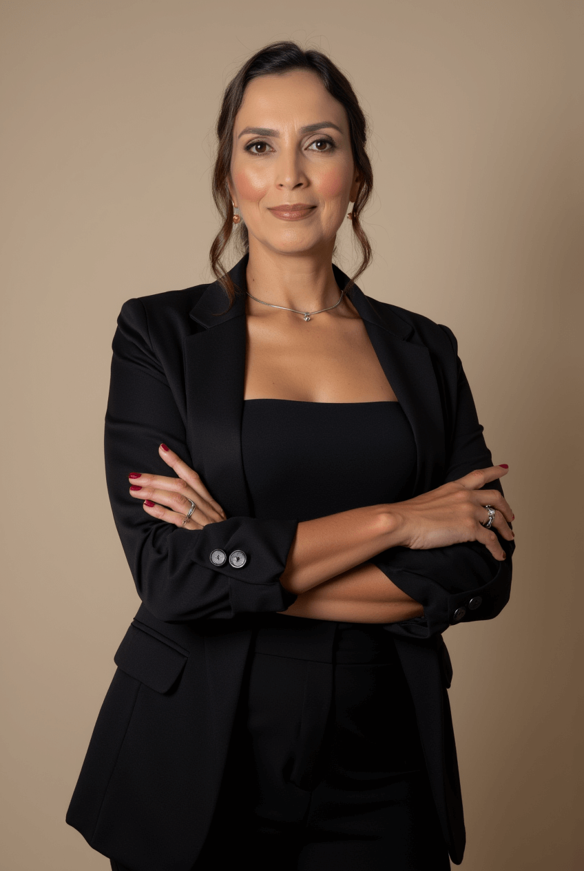 Dra. Janaína Leite, advogada e fundadora da Visual Law Digital, de braços cruzados