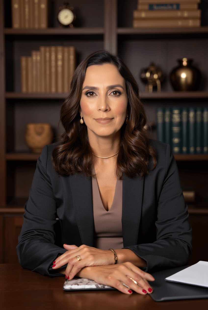 Dra. Janaína Leite sentada à mesa do escritório, com uma estante de livros ao fundo
